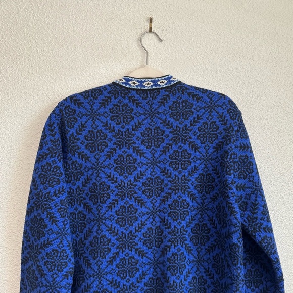 L.L. Bean Cardigan Sweater Blue Norwegian Fair Isle Cotton Snowflake Nordic L - Picture 7 of 8